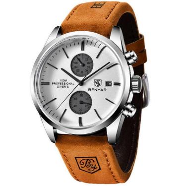 Imagem de Relógio De Quartzo Esportivo Masculino Benyar Luxo Impermeável Cronógrafo Marrom Branco