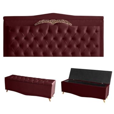 Imagem de Kit Helena Cabeceira De Cama Painel E Calçadeira Baú King 195 Cm Suede Bordo Eli Móveis E Decoração