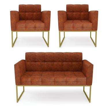 Imagem de Kit 1 Sofá Namoradeira e 2 Poltronas Elisa Corano Base Metálica Industrial Dourado - D'Rossi