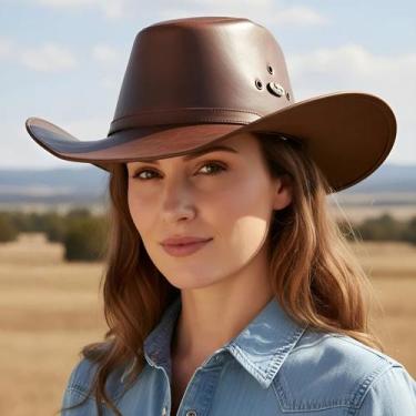 Imagem de Chapeu de Couro Legítimo Cor Cacau Unissex Estilo Americano Linha Indi