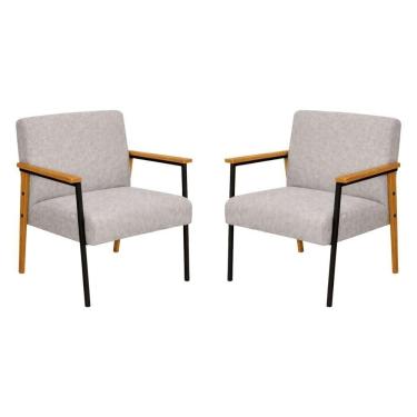 Imagem de Kit 2 Poltronas Fontana Linho Cinza Base Em Madeira Com Metal Preto