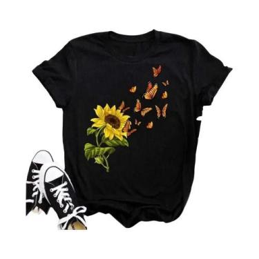 Imagem de Camiseta Feminina Preta Com Estampa De Borboleta E Girassol Kawaii, Co