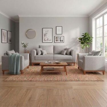 Imagem de Kit Sofá 3 Lugares e 2 Poltronas Beny Recepção Sala Estar Linho Cinza 