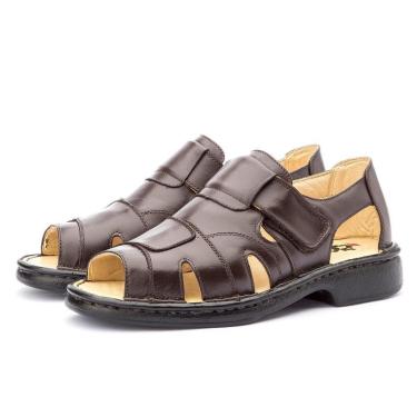 Imagem de Sandalia Masculina Em Couro Ortopedica Linha Conforto Forrada Macia Anatomica Com Tira Autocolante-Masculino