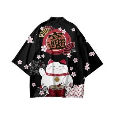 Imagem de Kimono Haori Unissex Japonês Com Estampa De Gato Sakura, Cardigã Solto
