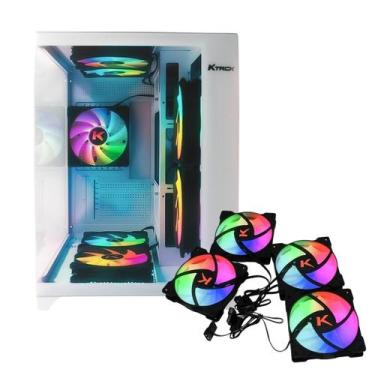 Imagem de Gabinete Gamer Aquário Cubo Branco Lateral e Frente Vidro + Kit 4 Cool