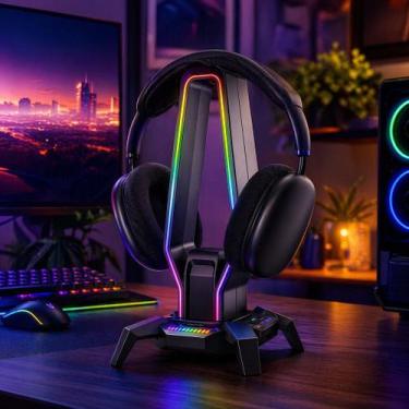 Imagem de Suporte Headset com Hub USB Tipo C P2 LED RGB Luz Ambiente para Mesa G