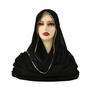 Imagem de Lenço Hijab De Chiffon Com Strass Para Mulheres, Xale Elástico Liso, F