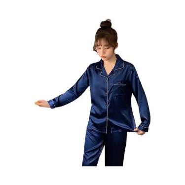 Imagem de Conjunto De Pijamas De Seda Satin plus Size Em Cor Sólida Com Botões P