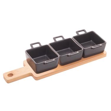 Imagem de Conjunto de Petisqueiras Quadradas de Porcelana Preta com Bandeja de Bambu para Servir Wolff
