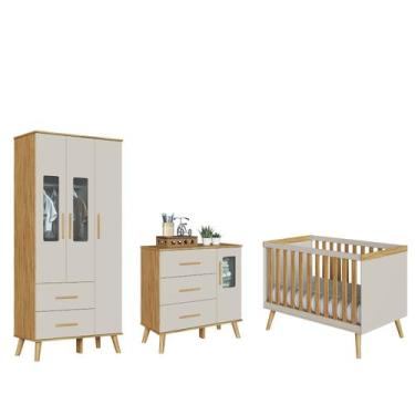 Imagem de Quarto Completo Bebê Moveis Peroba Sky Retro Berço 3x1 MDF -, Off Whit