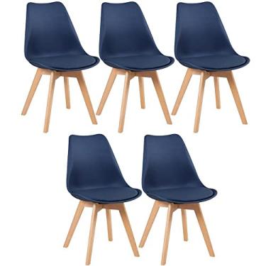 Imagem de Loft7, Conjunto Kit 5 Cadeiras Leda Com Assento Estofado, Encosto De Polipropileno E Pés De Madeira Natural, Elegante Sala De Jantar Cozinha Bar Varanda Gourmet, Azul Petróleo