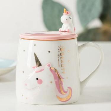 Imagem de seelucky Caneca de unicórnio com tampa de colher caneca Mlik de desenho animado infantil estilo nórdico xícara de café xícara de chá presente escritório casa (diamante rosa de unicórnio, 380 ml)