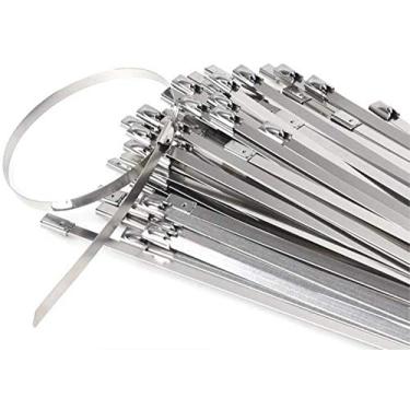 Imagem de Abraçadeiras de aço inoxidável, 100 peças Tiberham 20 cm, gravatas de zíper resistentes com trava automática, tiras de metal de exaustão multiuso para oficina de escritório