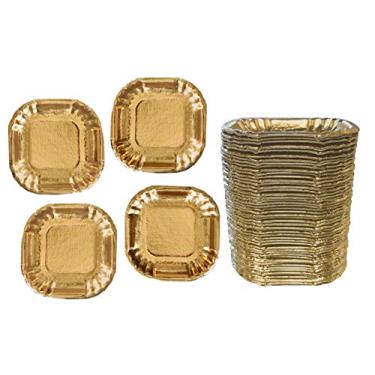 Imagem de Mini pratos de papel de sobremesa de folha dourada - prato de aperitivo - prato de charcutaria - utensílios de mesa de casamento - pesados - 10 x 10 centímetros - pacote com 50