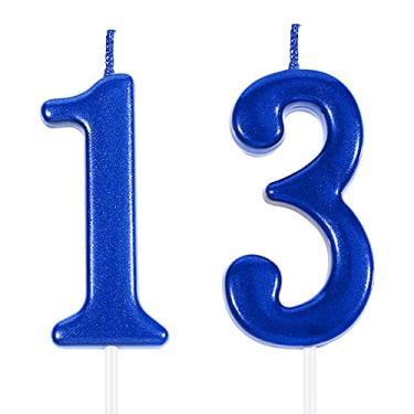 Imagem de Velas de 13 anos de aniversário com algarismos topo de bolo feliz aniversário decoração de bolo azul para lembrancinha de festa de casamento suprimentos de celebração