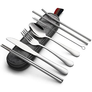 Imagem de DEVICO Utensílios portáteis, conjunto de talheres de acampamento de viagem, 8 peças, incluindo faca garfo colher pauzinhos escova de limpeza estojo portátil, conjunto de talheres de aço inoxidável (prata)
