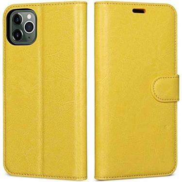 Imagem de HAZELS Capa de concha magnética, capa de telefone de carteira de couro genuíno para Apple iPhone 11 Pro Max (2019) 6,5 polegadas, com 3 compartimentos para cartões (cor: amarelo)