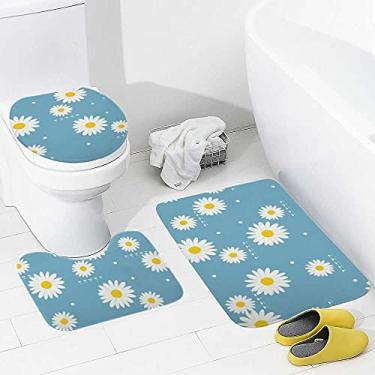 Imagem de Conjunto de tapetes de banheiro e 3 peças margaridas azul floral, tapete de banheiro lavável, tapete antiderrapante, tapete de contorno e tampa para banheiro
