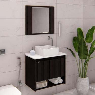 Imagem de Conjunto de Banheiro Gabinete Suspenso Ripado 1 Gaveta Interna com Espelheira e Cuba Treviso Preto/Branco