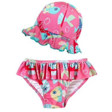 Imagem de Conjunto Praia Infantil Biquíni com Chapéu Peixe Cores Rosa Tip Top
