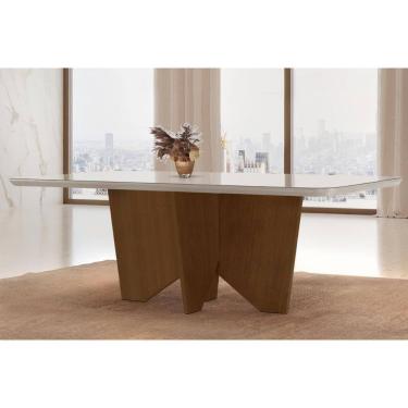 Imagem de Mesa De Sala Jantar Nevada + Tampo Madeirado Vidro Curvo 180x90cm Off White/imbuia-vidr...