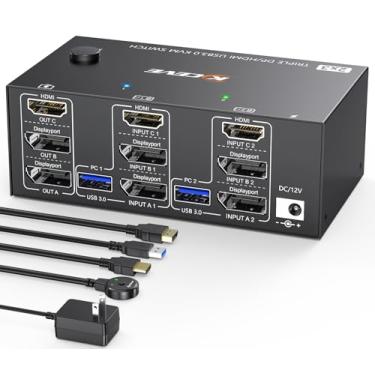 Imagem de Triplo Monitor KVM Switch 3 Monitores 2 Computadores 8K@60Hz 4K@144 Hz, HDMI+2 Displayport KVM Switch 3 Monitor para 2 PC Share 3 monitores e 4 dispositivos USB3.0, com controle remoto e 5 cabos