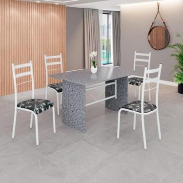 Imagem de Conjunto Sala de Jantar Mesa Retangular 120x75cm Tampo Granito Ocre 4 Cadeiras Marselha Preto Floral/Branco