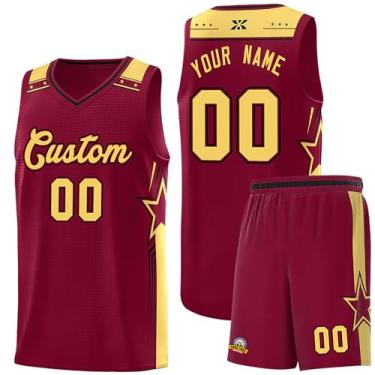 Imagem de Camiseta de basquete personalizada com logotipo de número de nome, regata e shorts estampados personalizados para homens mulheres jovens, 29. carmesim/amarelo, One Size