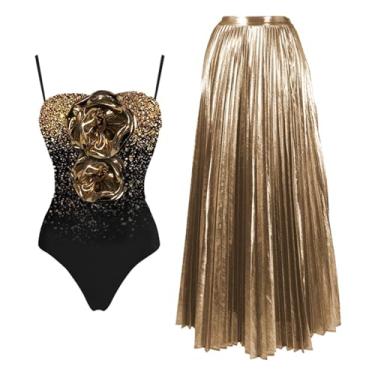 Imagem de Saída de praia feminina com saia quente plus size biquíni corte alto biquíni estilingue, Dourado, Large