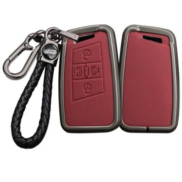 Imagem de HIBEYO Capa Smart Key Fob compatível com Volkswagen Passat Golf Alltrack Atlas Jetta Skoda Superb A7 Kodiaq Magotan B8 GTE Arteon Tiguan Key Leather & Alloy Key Case-B Chaveiro Vermelho