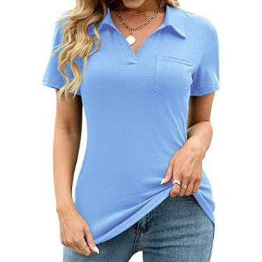 Imagem de AKEWEI Camisa polo feminina com gola V, manga curta, gola redonda, solta, casual, com bolso, Azul claro, G