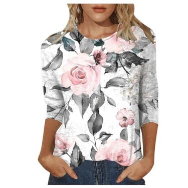 Imagem de Blusas femininas de verão 2024 manga 3/4 de comprimento blusas modernas casuais plus size camisetas básicas com estampa fofa túnica para sair, Ofertas relâmpago rosa, XXG