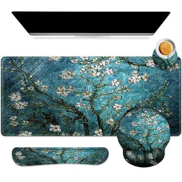 Imagem de ARTSO Tapete de mesa, conjunto de mouse pad grande para jogos, suporte de pulso, teclado ergonômico, descanso de pulso, almofada de mesa com combinação de copos, mousepad estendido com antiderrapante