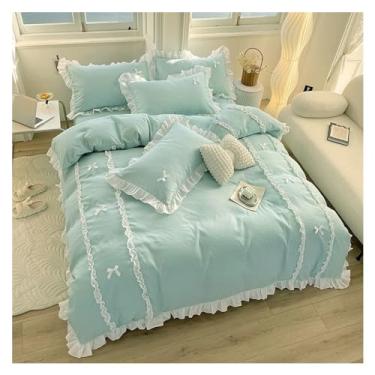 Imagem de Jogo de cama com laço de renda e capa de edredom para meninas e quarto (solteiro ciano, 4 peças)