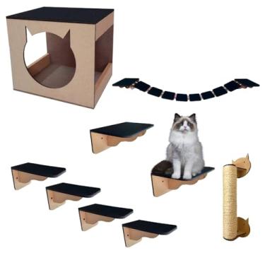 Imagem de Gatificação De Parede Brinquedo Playground Para Gatos 9 Pçs Mdf 6mm + Arranhador 30 cm