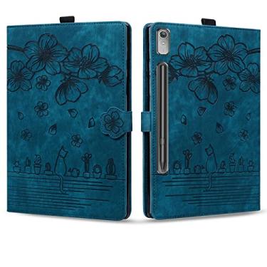 Imagem de Compatível com Lenovo Tab P12/para Lenovo Tab Pad Pro 12,7 polegadas à prova de choque de couro PU em relevo suporte dobrável capa protetora flip Caso slot para cartão Tablet PC Caso(Blue)
