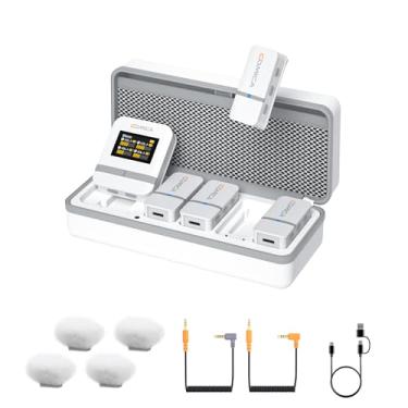 Imagem de comica Vimo Q Microfone de lapela sem fio de 4 canais com cancelamento de ruído, saída de 4 trilhas de áudio, alcance de 656 pés, microfone sem fio para câmera, iPhone, Android,live (branco)