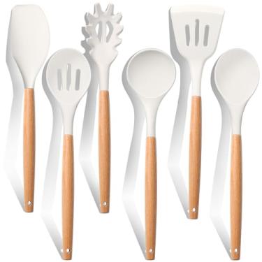 Imagem de E-far Conjunto de 6 utensílios de cozinha brancos, utensílios de cozinha de silicone com cabo de madeira, antiaderentes e resistentes ao calor, inclui espátula/concha/espátula com fenda/colher de