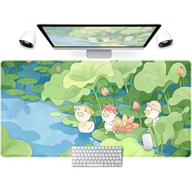 Imagem de Tapete de mesa de anime fofo verde Kawaii Cartoon Ducks Gaming Mouse Pad XGG Grande Anime Girl Gamer Mousepad Feminino Decoração de escritório Almofada de mesa Estética Folha de Lótus Laptop Teclado Tapete de Computador 80 x 40 cm