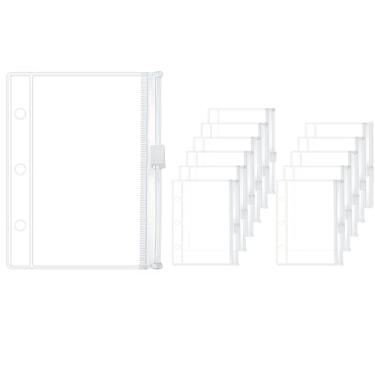 Imagem de 12 peças de mini bolsos para fichário, bolsos transparentes de PVC com zíper, folhas soltas com 3 furos, envelopes econômicos para protetores organizam fotos, cartões, notas (transparente)