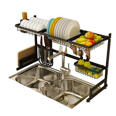 Imagem de Escorredor de pratos de cozinha sobre a pia - escorredor de pratos de 2 camadas para balcão sobre a pia - Suportes laterais montados para organizador de cozinha de aço inoxidável