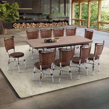 Imagem de Conjunto Sala de Jantar Mesa Elástica com 10 Cadeiras Fort Brastubo Cromado/Amadeirado Claro/Café