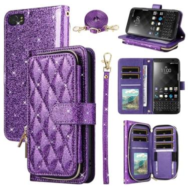 Imagem de Furill Capa carteira para BlackBerry KEYone com alça de pulso, alça de ombro transversal de couro PU de luxo com 9 compartimentos para cartões, bolsa com zíper, acessórios, capa de telefone para KEY1