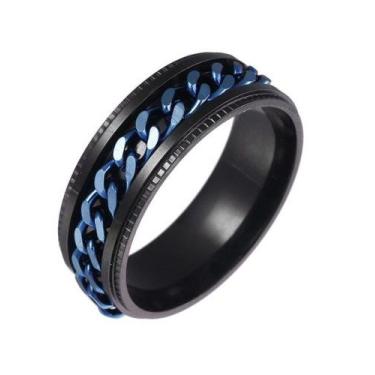Imagem de Anel Masculino Preto Corrente Azul Giratória Aço Inox - Edição Limitad