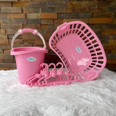 Imagem de Kit Balde Ofurô 11 Litros com Cesto Roupa 25 L 9 Cabide de Roupa Bebe 