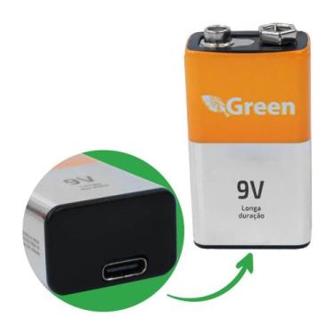 Imagem de Bateria 9 Volts 500 Ma Recarregável Tipo C Direto Na Bateria - GREEN