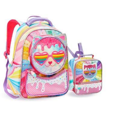 Imagem de Kit Mochila e Lancheira Infantil Escolar Gatinha Holográfica - Denlex