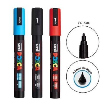 Imagem de Caneta Posca PC-5M Ponta Media Cores Azul, Preta e vermelha - UNIBALL