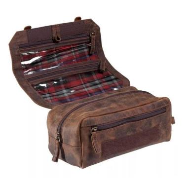 Imagem de Necessaire Unissex Cinnamon Couro Bovino Marrom Rústico Forro Impermeá